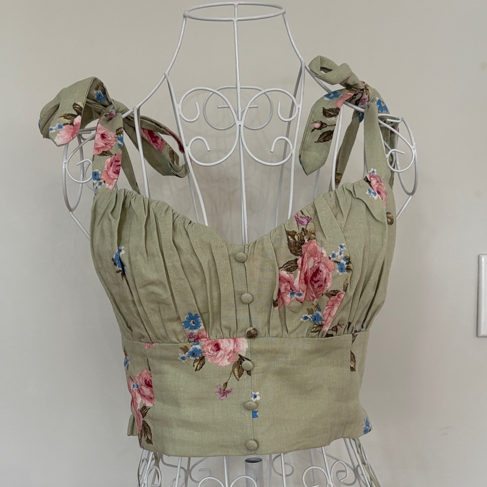 Altar'd State Green Floral Tank Top with Pink and Blue Accents